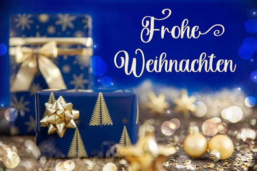 German Text Frohe Weihnachten, Means Merry Christmas In English, Golden Blue Shiny Christmas Decor, Winter Background