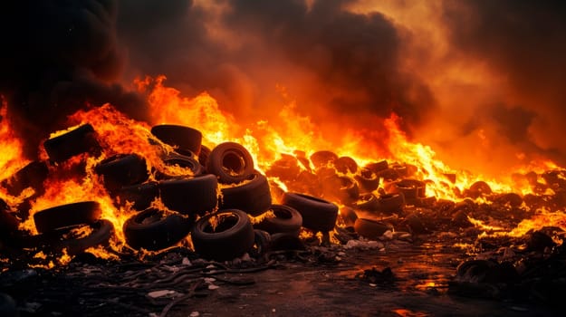 Burning rubber tires creating big black smoke and pollution. AI generated