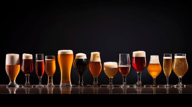 Assortment of beer glasses on table lined up on a dark background . AI generated
