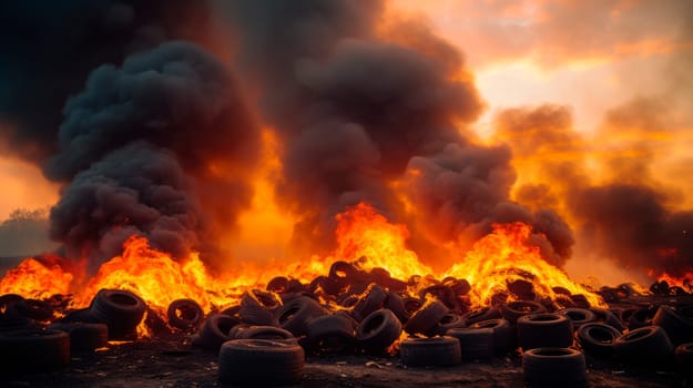 Toxic fire with air pollution from burning car tyres. Harmful smoke and contamination of surroundings. Recycling from landfill waste. AI generated