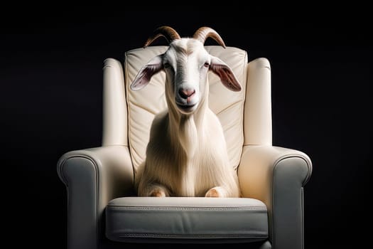 A white leather luxury armchair with a funny goat sitting on it. AI generated