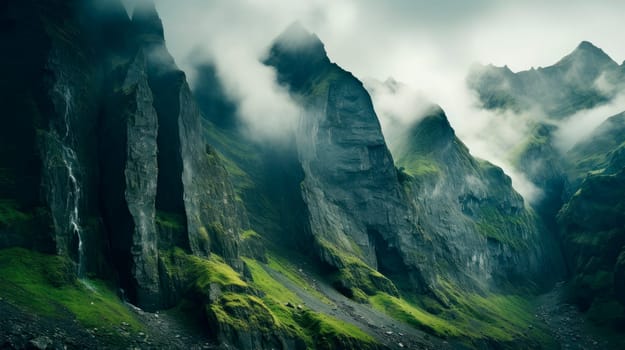 Clouds covering the top of a mountains. AI generated
