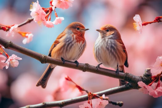 Birds on blossom branch with flowers. AI generated