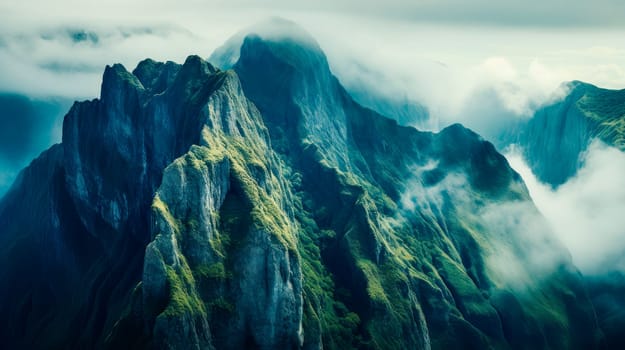 Mountain in the cloud and fog. AI generated