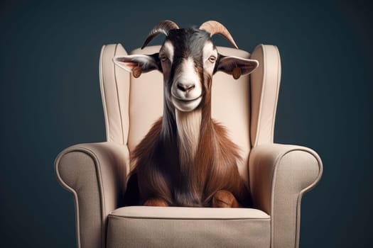 A white fabric luxury armchair with a funny brown goat sitting on it. AI generated