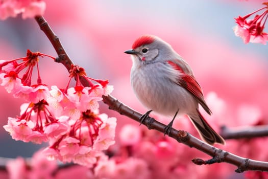 Little bird on a blossom branch with cherry flowers. AI generated