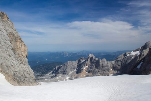 Panorama of massive Alpine mountains. Landscape in the Austrian Alps of the Dachstein region (Styria in Austria) - view from Dachstein