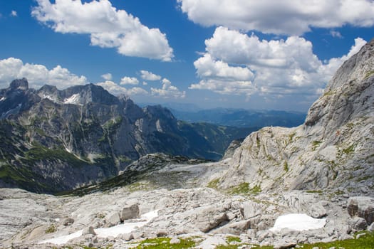 Panorama of massive Alpine mountains. Landscape in the Austrian Alps of the Dachstein region (Styria in Austria) - view from Dachstein