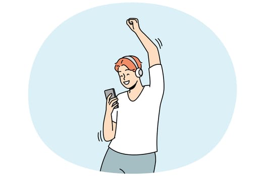 Happy man in wireless headphones dance listen to music on cellphone. Smiling guy in earphones enjoy good quality audio on smartphone. Vector illustration.