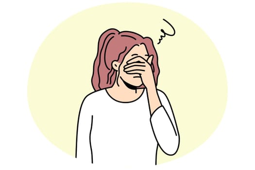 Unhappy young woman cover eyes feel depressed suffer from repetitive thoughts or overthinking. Upset girl struggle with mental or psychological problems. Vector illustration.