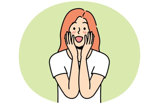 Happy young woman feel excited with good unbelievable news. Smiling girl surprised with unexpected message or notification. Vector illustration.