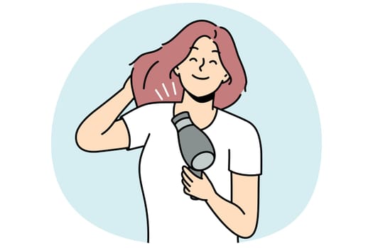 Smiling young woman blow hair with dryer. Happy girl get ready blowing hair with fan device. Beauty and technology. Vector illustration.