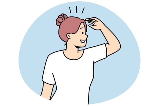 Smiling woman looking in far searching for new perspective and opportunities. Happy female waiting to best to come. Vector illustration.