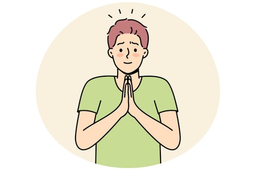 Smiling young man with hands in prayer ask for forgiveness. Male join hands feel grateful or thankful. Gratitude concept. Vector illustration.