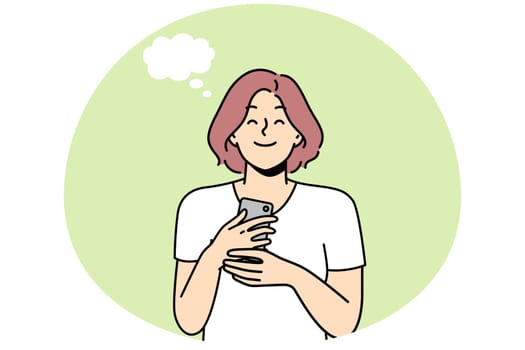 Smiling young woman holding cellphone excited with good message or text. Happy girl with speech bubble above head satisfied with news on smartphone. Vector illustration.