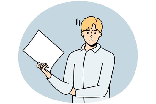 Unhappy young man stand with white paper document. Dissatisfied businessman with paperwork in hands frustrated with results. Vector illustration.