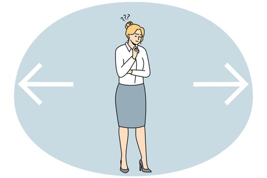 Confused businesswoman near huge arrows facing different directions make choice or decision. Frustrated woman employee think consider idea. Vector illustration.