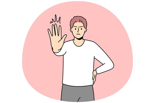 Decisive young man show no hand gesture. Serious male demonstrate stop sign. Nonverbal communication and body language. Vector illustration.