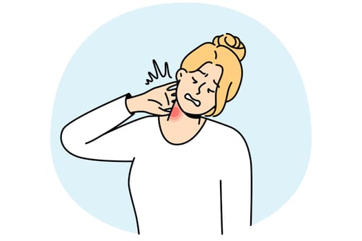 Unhealthy young woman suffer from neck pain after sedentary work. Unwell girl struggle with backache or spasm. Healthcare concept. Vector illustration.