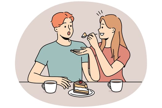Happy couple eating cake together. Smiling woman feed man delicious dessert drinking tea. Vector illustration.