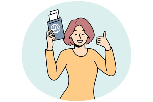 Smiling woman holding passport in hands excited about travel. Happy female traveler ready for summer vacation. Tourism concept. Vector illustration.