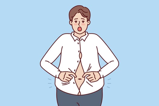Fat man with big belly is trying to button up small shirt and is screaming in excitement at being overweight. Overweight guy needs help of nutritionist or fitness trainer to get rid of excess weight.