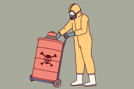 Dangerous toxic substances in barrel near specialist in chemical protection suit and respirator. Harmful toxic waste in red cask on trolley for transportation, for concept of environmental pollution
