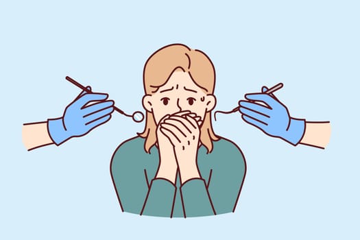 Cowardly woman at dentist appointment closes mouth, suffering from dentophobia and not wanting to treat toothache. Girl in need of oral examination and dentures, is stressed due to dentophobia