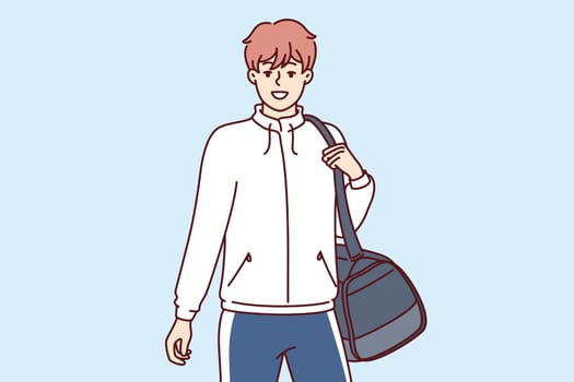 Man sportsman with sportswear bag goes to fitness club or gym and leads healthy lifestyle. Young sportsman professionally involved in football or basketball returns home after training