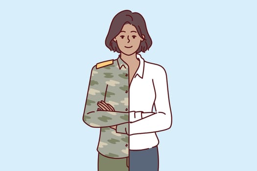 Woman is dressed in military uniform and business attire at same time, for concept of career change after serving in army. Girl manager of military company stands with arms crossed.