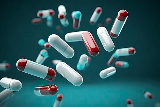 Creative concept with different pills, capsules falling over grey background. Health care, vitamins and treatment concept. Selective focus. Horizontal shot