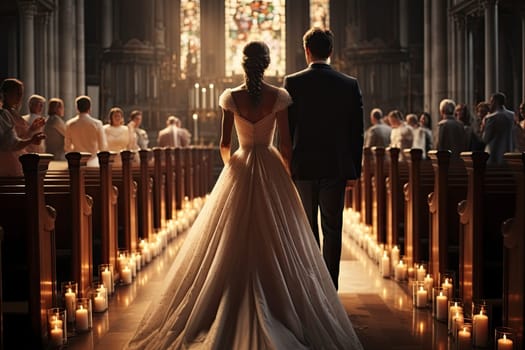 A bride and groom walking down the aisle of a church during their wedding ceremony. Generative AI