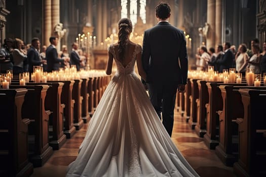 A bride and groom walking down the aisle of a church during their wedding ceremony. Generative AI