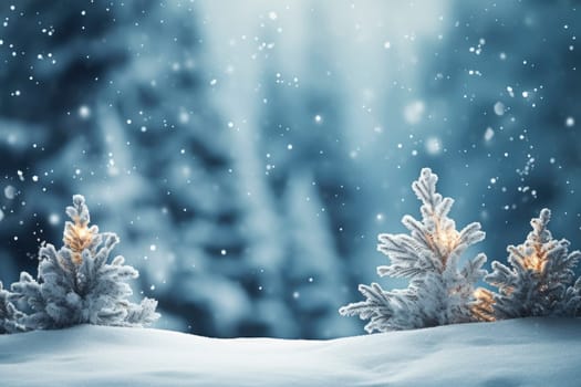 Isolated christmas tree in idyllic white snowy landscape, greeting card banner concept with copy space for december holiday season, christmas background