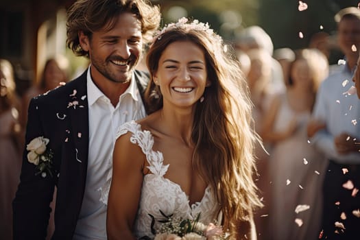 Beautiful bride and groom coming out after the wedding ceremony as their guests scatter flower petals. happy bride and groom. traditional holiday.
