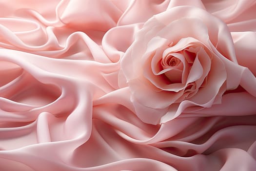 Rose flower on a waved draped soft pink silk fabric. Abstract texture horizontal copy space background.