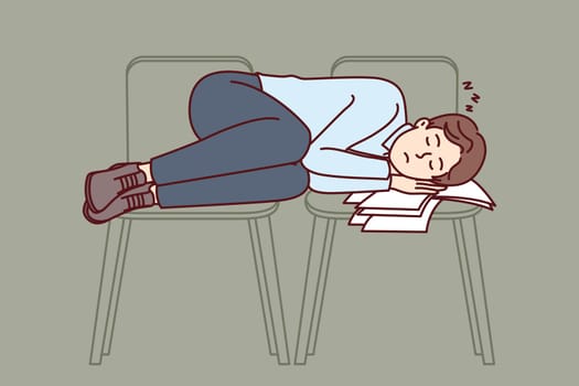 Business man sleeps on office chairs due to professional burnout and overwork that caused severe fatigue. Guy in business clothes sleeping at work after defaulting mortgage payment and losing home