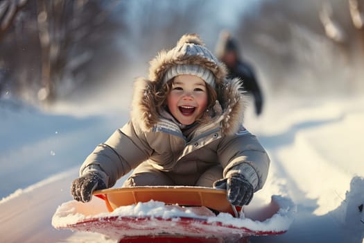 Concept of childhood, sledding in winter. Happy little girl is rolling down the hill on a sled.