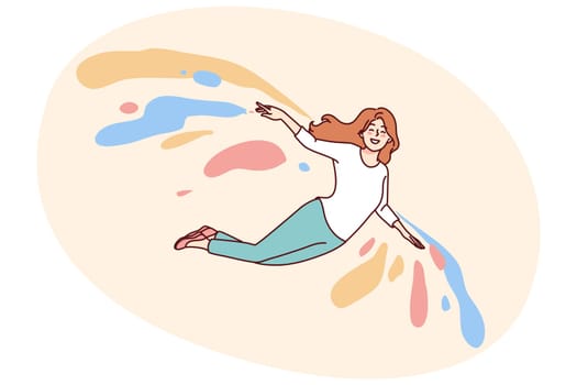 Happy woman flying on colorful wings feel optimistic and joyful. Smiling girl recover from depression or mental illness. Vector illustration.