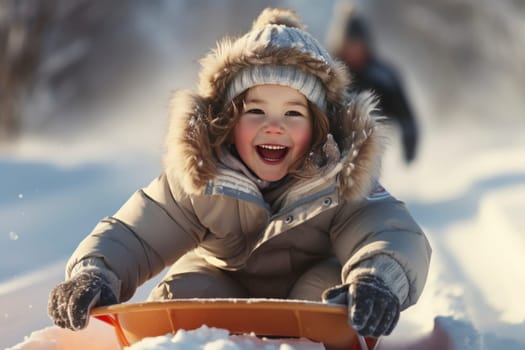 Concept of childhood, sledding in winter. Happy little girl is rolling down the hill on a sled.