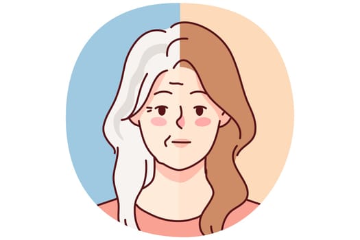Young and old grey-haired woman aging process. Female in younger and older ages. Vector illustration.