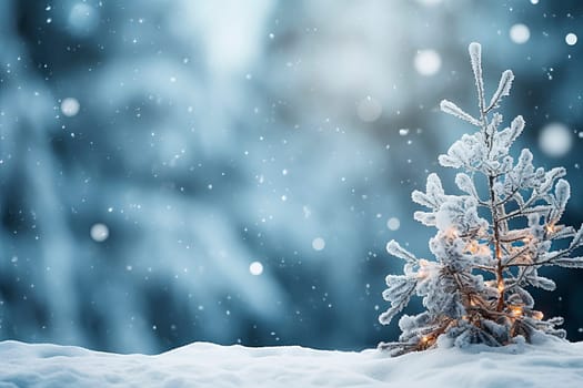 Isolated christmas tree in idyllic white snowy landscape, greeting card banner concept with copy space for december holiday season, christmas background