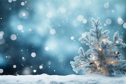 Isolated christmas tree in idyllic white snowy landscape, greeting card banner concept with copy space for december holiday season, christmas background