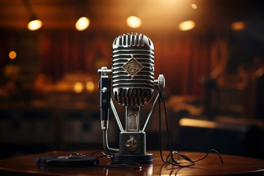 Professional studio microphone. Condenser microphone on a dark background. It is designed for podcasting. Microphone as a symbol for recording audio podcasts. Recording audio podcasts in studio