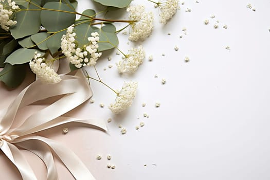 Styled stock photo. Feminine wedding desktop mockup with baby's breath Gypsophila flowers, dry green eucalyptus leaves, satin ribbon and white background. Empty space. Top view. Picture for blog.