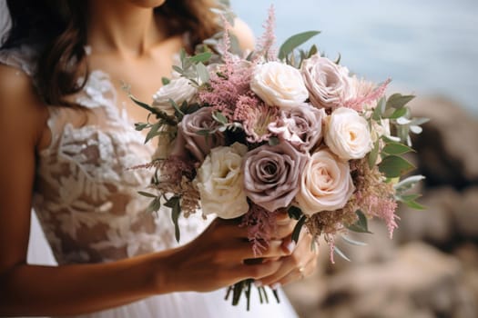 young girl in a white wedding dress holds in her hands a bouquet of flowers and greenery with a ribbon. Generative AI image