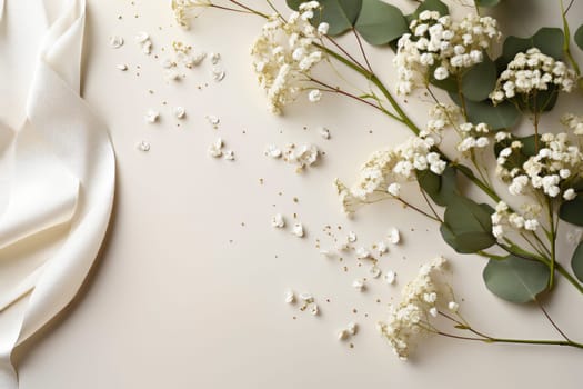 Styled stock photo. Feminine wedding desktop mockup with baby's breath Gypsophila flowers, dry green eucalyptus leaves, satin ribbon and white background. Empty space. Top view. Picture for blog.