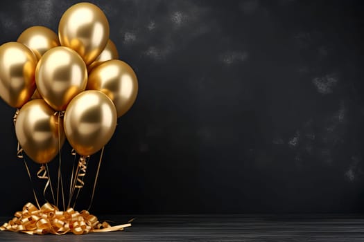 Bunch of big golden balloons objects for birthday party isolated on a black background with copy space.