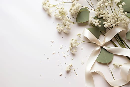 Styled stock photo. Feminine wedding desktop mockup with baby's breath Gypsophila flowers, dry green eucalyptus leaves, satin ribbon and white background. Empty space. Top view. Picture for blog.