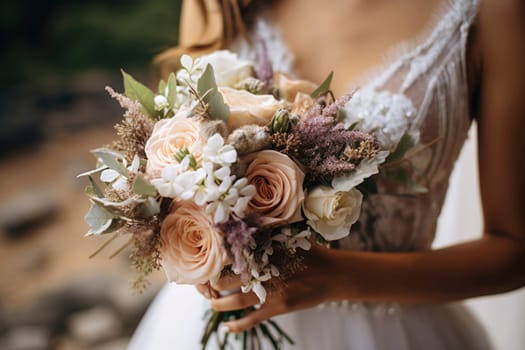 young girl in a white wedding dress holds in her hands a bouquet of flowers and greenery with a ribbon. Generative AI image